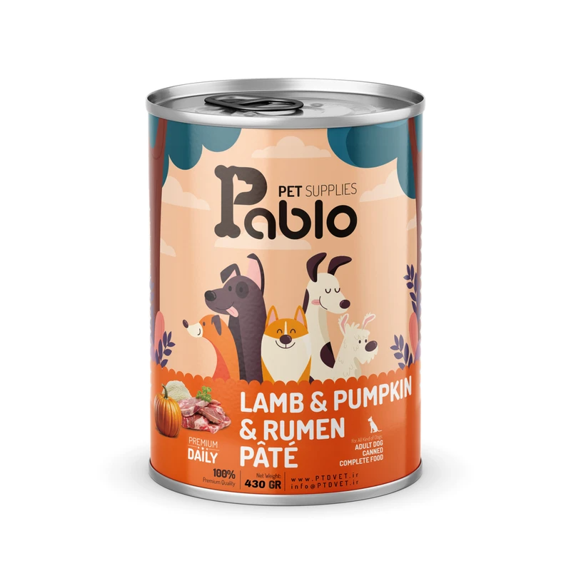 کنسرو سگ بالغ گوشت بره، سیرابی و کدو تنبل برند 800 گرمی Pablo 1 کنسرو سگ بالغ گوشت بره، سیرابی و کدو تنبل برند 800 گرمی Pablo